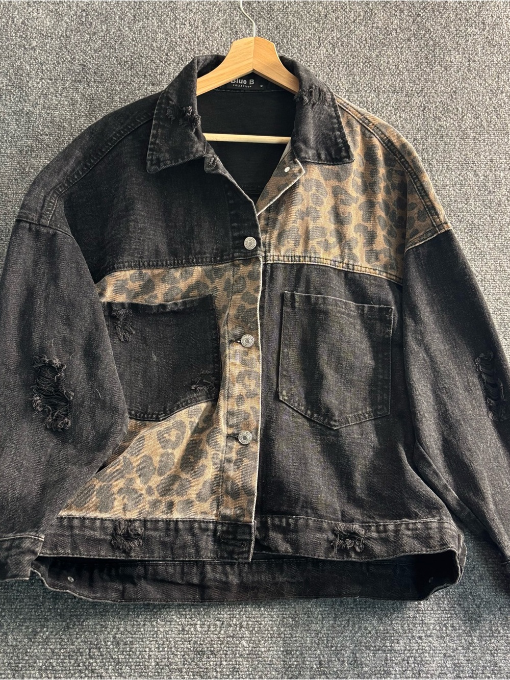 Leopard Panel Black Denim Jacket - Women's Jean Jacket